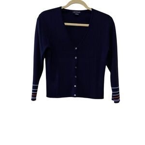 Ann Taylor 100%silk Deep Blue V-Neck Cardigan with Striped Sleeves